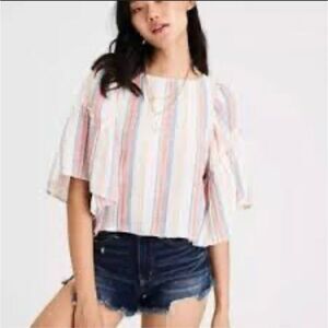 American Eagle Red White Blue Flutter Sleeve Gauze Shirt Size Small